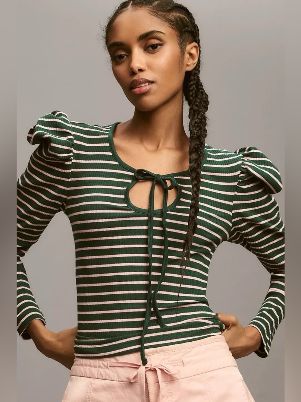 Striped Puff-Sleeve Tie-Neck Top in Green and Pink